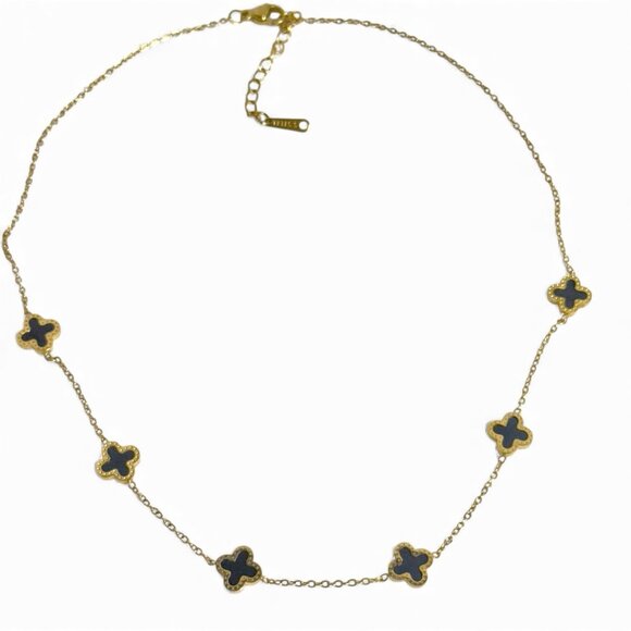 Gold Tone Stainless Steel Clover Station Necklace Black Enamel Choker - Picture 2 of 8